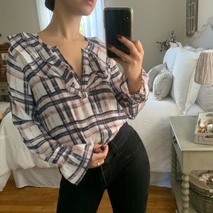 NWT Loft Plaid Chiffon Blouse w/ Ruffling Detail